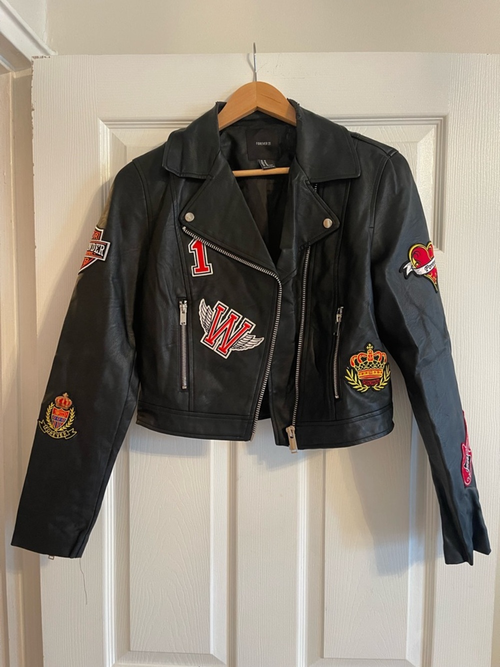 Forever 21 Black Faux Leather Patch Moto Jacket